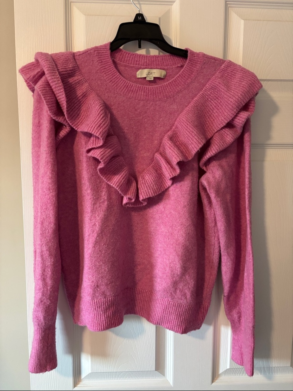 LOFT Raspberry Pink Ruffle-Trim Crewneck Sweater